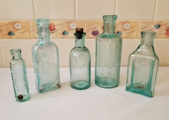 Set Of 5 Collectible Antique Aqua Glass Decorative Bottles   (lot B)