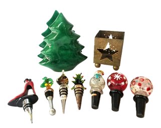 Christmas Holiday Wine Stoppers & Vintage Hand Painted Ceramic Christmas Tree Napkin Holder