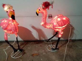 Two Animated Mechanical Lighted Holiday Christmas Pink Flamingo Lawn Ornaments Decor