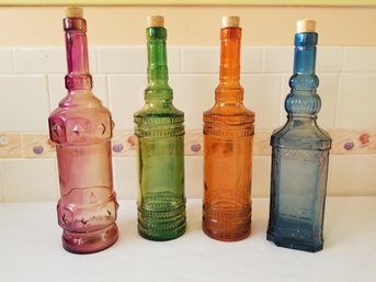 Beautiful  Colorful 12' Tall Embossed Decorative Bottles With Corks Made In Spain  (lot F)