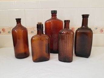 Set Of 5 Vintage & Antique Brown/Amber Glass Bottles Including Clorox (lot H)