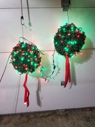 Two Large Christmas Lighted  Faux Pine Greens Hanging Ornament Balls