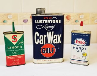 Vintage Lustertone Gulf Car Wax, Singer Sewing Machine Oil & ESS Handy Oil