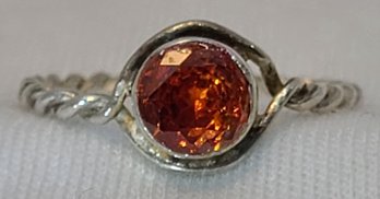 Sterling Silver Size 6 Hand Made Twist Ring With Sparkling Orange Stone ~ 1.38 Grams