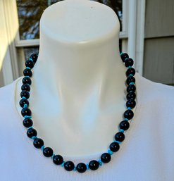 Art Deco Polished Black Onyx And Raw Turquoise Beaded Riviere Necklace