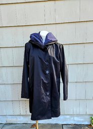 Eileen Fisher Women's Hooded Rain Coat In Black / Royal Blue - Size XL