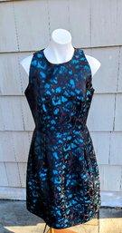 Sleevless Formal Occasion Dress With Pleated / Peplum Waist In Black/teal Batik Type Pattern