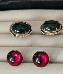 2 Pairs Of Vintage Jeweled Cufflinks With Emerald And Ruby Colored Stones