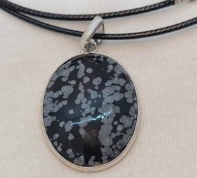 Beautiful Snowflake Obsidian Silver Plated Pendant On A 18-in Adjustable Rope Necklace