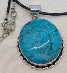 Amazing Huge Silver Plated Turquoise Pendant On A 18 Inch Adjustable Rope Necklace