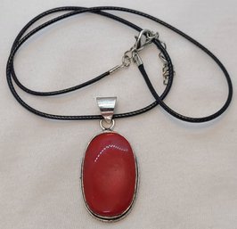 Stunning Silver Plated Red Coral Pendant On A 18-in Adjustable Rope Necklace