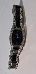 Seiko Solar Black Stainless Ladies Watch With Pave Crystal Inlay