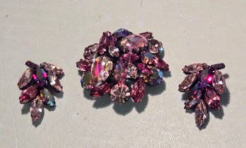 Iridescent Prism Crystal Jeweled Vintage Brooch And Matching Clip-on Earrings