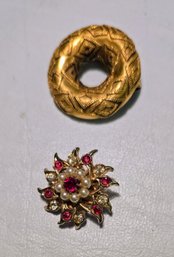 2 Vintage Pins Including MMA Wreath Pin With Geometric Pattern And Gold Finish & One Pearl And Ruby With Gold