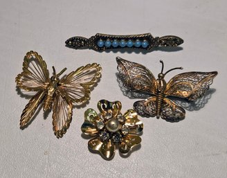 4 Vintage Brooch Pins - Filigree Butterflies, Clover And Turquoise Beaded Bar Pin