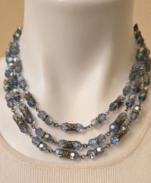 Antique Style Beaded Necklace With Faceted Blue Crystals And Silver Filigree Accents