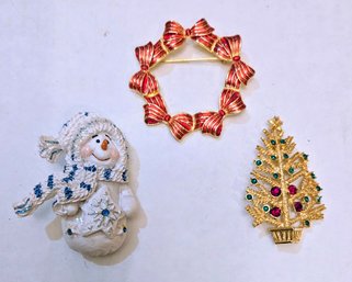 3 Sweet Vintage Christmas Pins - Resin Snowman, Jeweled Fir Tree And Enamel Ribbon Wreath Pin