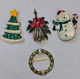 4 Cute Vintage Enamel Christmas Pins - Wreath, Holly, Snowman And Tree