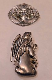 2 Vintage Silver Pins - Praying Angel And Rhodium Plate Rosebuds With Pave Crystals