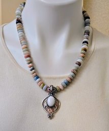 Pastel Agate Riviere Necklace With A Silver Filigree And Milk Quartz Pendant