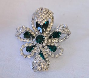 Vintage Kramer Pave Rhinestone Silver Flower Brooch With Emerald Accent Stones