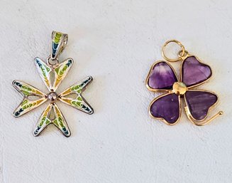 Amethyst 4 Leaf Clover Charm With Gold Wire Trim And Fab Art Deco Style Atomic Star Charm With Colored Enamel