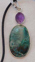 Gorgeous 1 In X 3/4 In Shattuckite And Amethyst Pendant With A Black Adjustable Rope Necklace