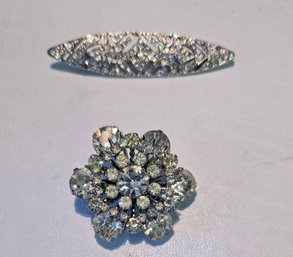 2 Vintage Rhinestone Pins - Rhodium Plated With Pave Inlay And Atomic Inspired Snowflake