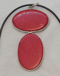 Beautiful Sterling Silver Plated Double Oval Pendant With Red Jasper On A Adjustable Black Work Necklace