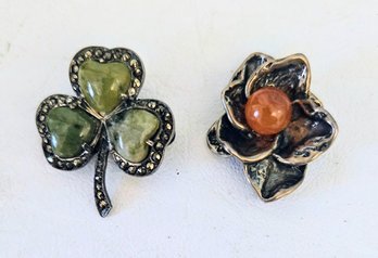 Sterling Jade Clover With Pave Hematite Border & Sterling Flower Bud With Polished Carnelian From Israel