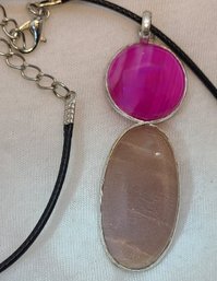 Silver Plated Gold Sand Moonstone & Pink Lace Pendant On A Rope Necklace