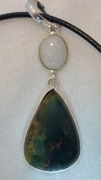 Silver Plated Fabulous Bloodstone & Moonstone Pendant On A Rope Necklace