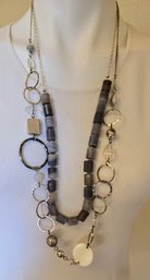 2 Long Layering Necklaces - Geometric Silver Link / Chunky Grey Agate