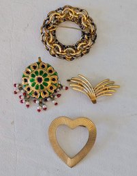 3 Pretty Vintage Pins In Gold Finish - Heart, Wreath, Wings With A Beaded Enamel Pendant