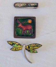 Abalone And Enamel Vintage Pins And Tie Clip