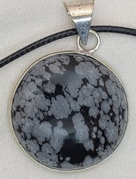 Large Silver Plated Snowflake Obsidian Pendant On A Adjustable Rope Necklace