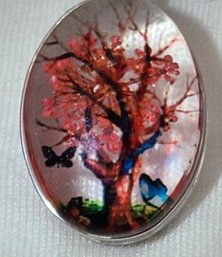 Beautiful Red Tree With Butterflies In Case In Glass Pendant On An Adjustable Rope Necklace