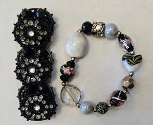 2 Art Deco Stretchy Bracelets - Black W/ Rhinestones / Venetian Art Glass