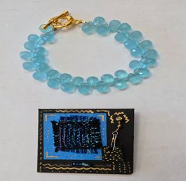 Blue Topaz Or Chalcedony Bracelet With Gold Clasp Paired With Signed Hand Painted Artisan Pin