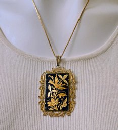 Stunning Vintage Damascene Bird Pendant Necklace