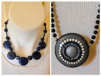 2 Layering Necklaces - Chunky Beaded Festoon In Deep Blue With A Long Mandala Pendant Necklace