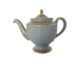 Vintage Powder Blue Ribbed English Teapot With Gold Accents - Made In England