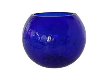 Vintage Cobalt Blue Crackle Glass Ball Vase