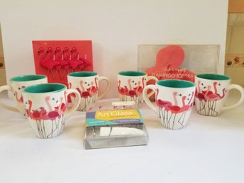 Pink Flamingo Accessories Lot: Coffee Mugs, Candles, Cocktail Forks & Ice Cube Tray