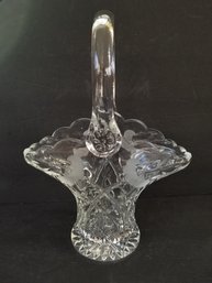 Vintage Cut Crystal Basket Vase With Etched Floral Design