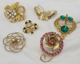 Six Incredible Stunning Assorted Gold Tone Brooches