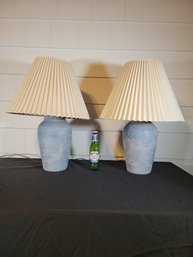 Sky Blue Based Lamp Pair.  Painted Pottery.  Tufted Shades