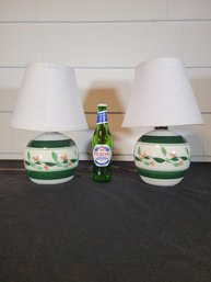 Green Bulbous Lamp Pair.  Floral Design. Painted Ceramic.