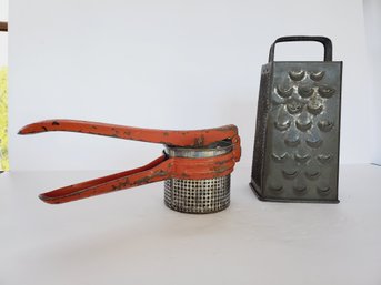 Vintage Red Handled Potato Masher / Ricer & Vintage Perfection Cheese Grater