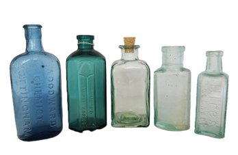 Vintage Woodward Chemist, Rumford Chemical Works & Hires Root Beer Blue & Green Glass Bottles